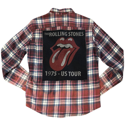 Upcycled Distressed flannel featuring Rolling Stones!