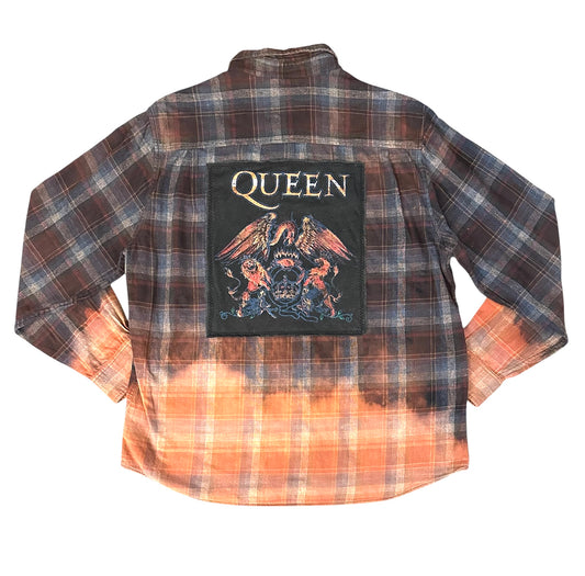 Upcycled distressed flannel featuring Queen