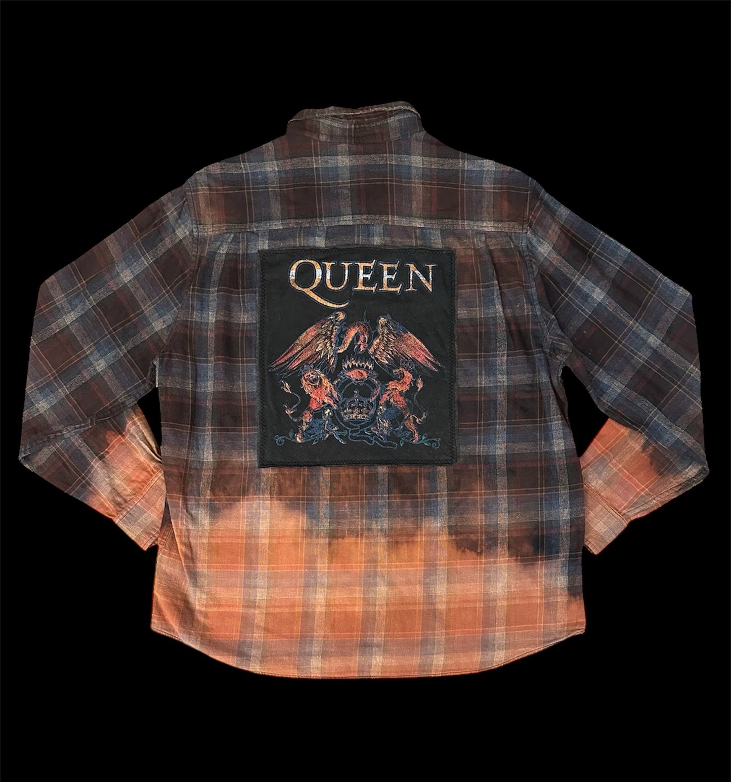 Upcycled distressed flannel featuring Queen